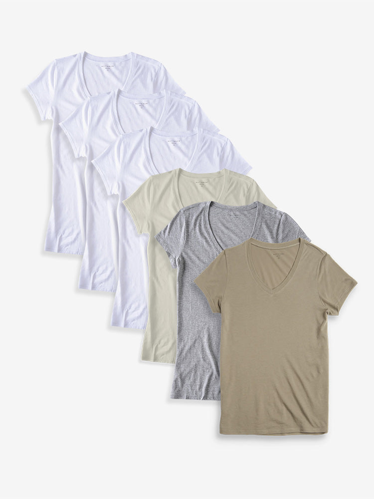 Women wearing White/Vintage White/Heather Gray/Olive Fitted V-Neck Marcy 6-Pack tees
