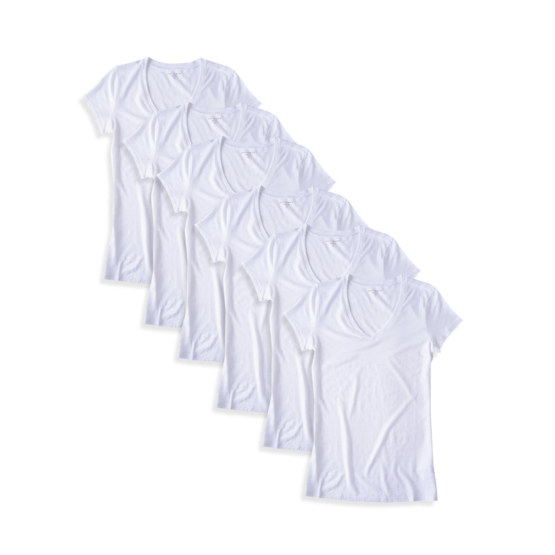 Women wearing White Fitted V-Neck Marcy 6-Pack tees