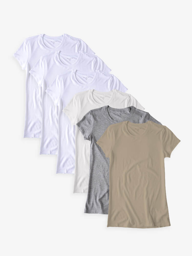 Women wearing White/Vintage White/Heather Gray/Olive Fitted Crew Marcy 6-Pack
