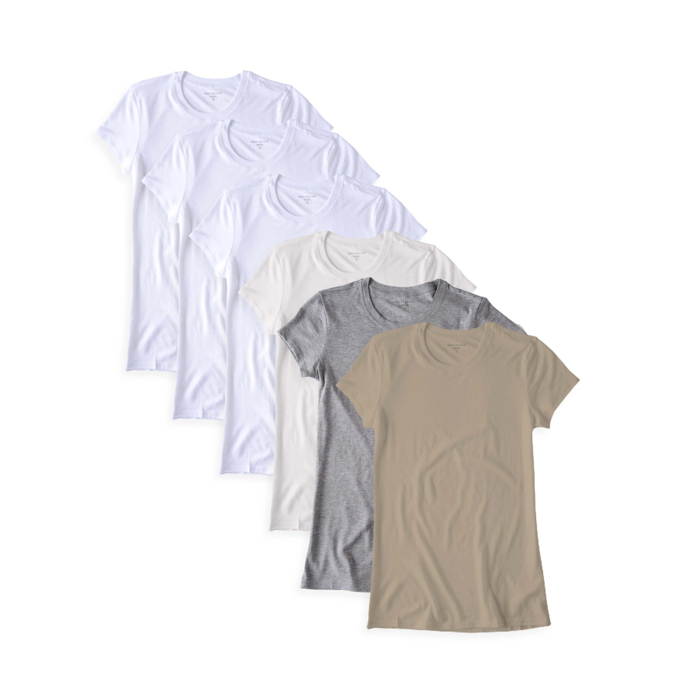 Women wearing White/Vintage White/Heather Gray/Olive Fitted Crew Marcy 6-Pack tees