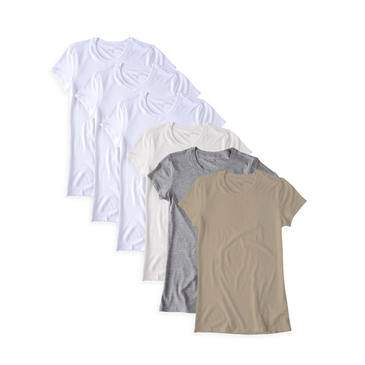 Women wearing White/Vintage White/Heather Gray/Olive Fitted Crew Marcy 6-Pack