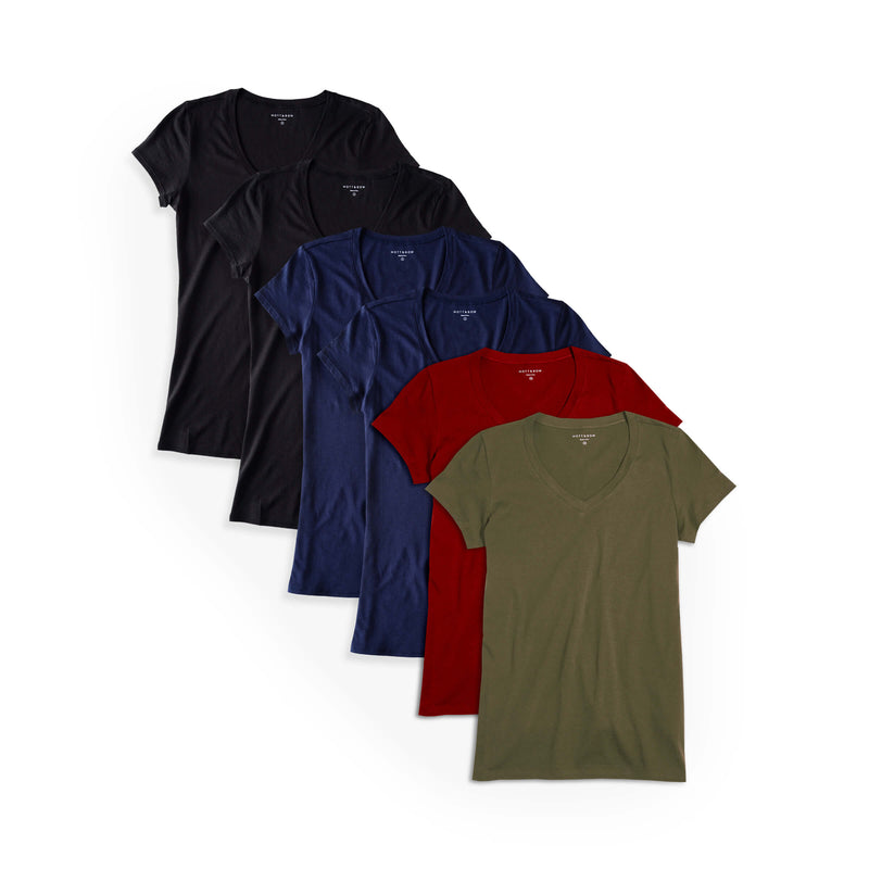 Women wearing Black/Navy/Crimson/Military Green Fitted V-Neck Marcy 6-Pack tees