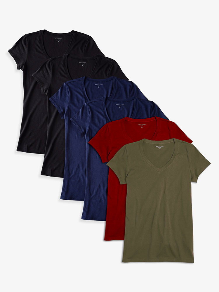 Women wearing Black/Navy/Crimson/Military Green Fitted V-Neck Marcy 6-Pack