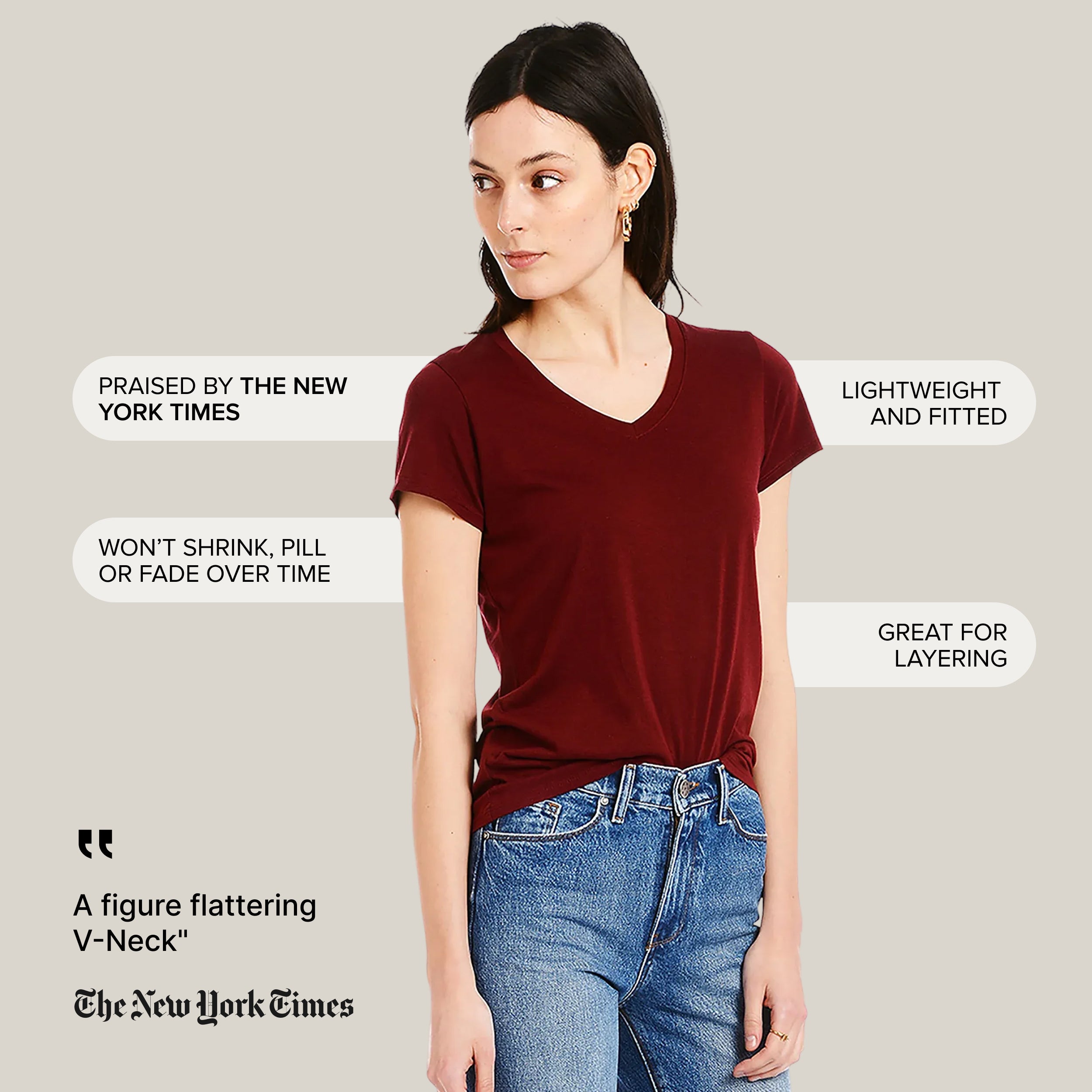 Women wearing Crimson Fitted V-Neck Marcy Tee