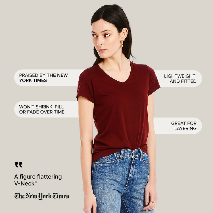 Women wearing Crimson Fitted V-Neck Marcy Tee