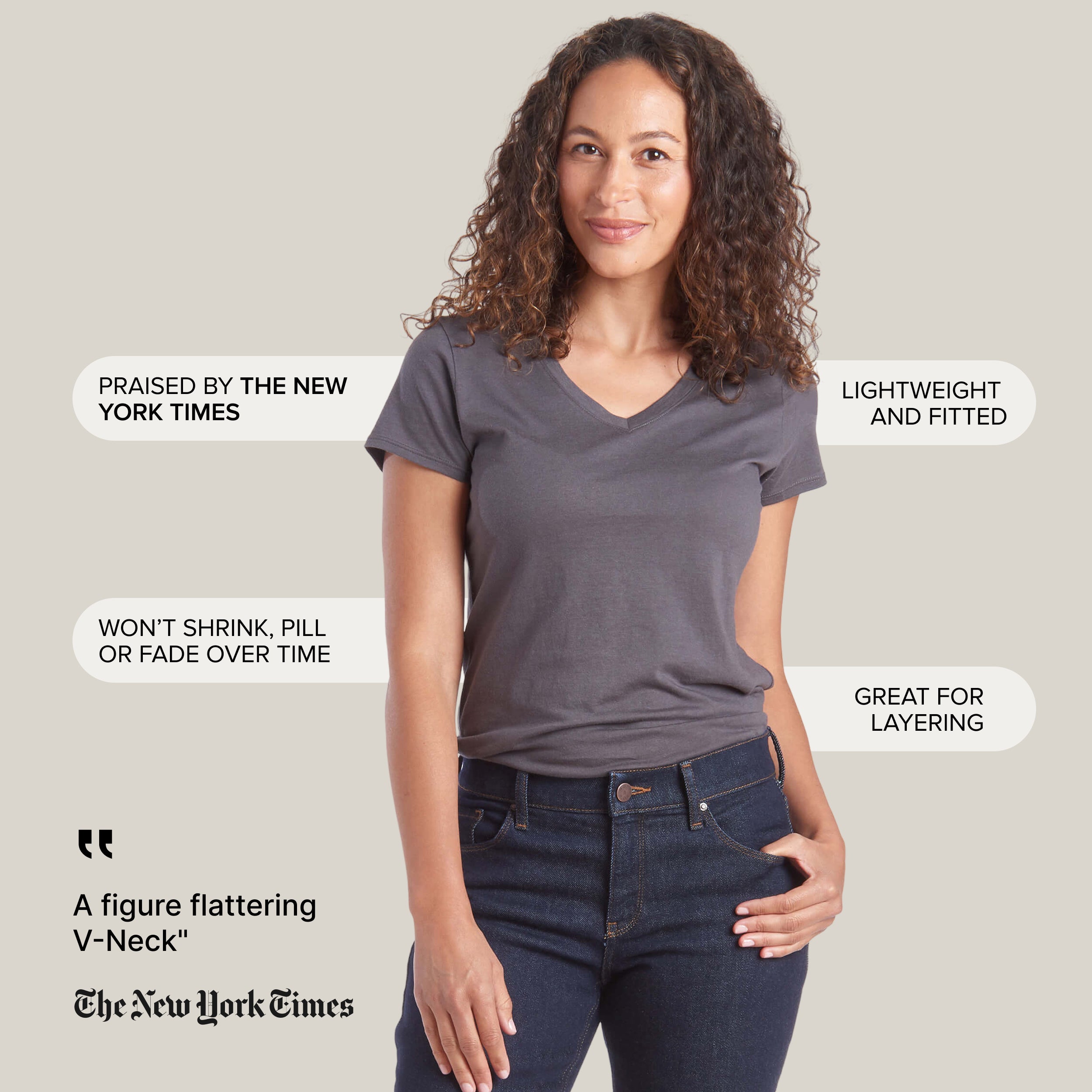 Women wearing Noche Gray Fitted V-Neck Marcy Tee