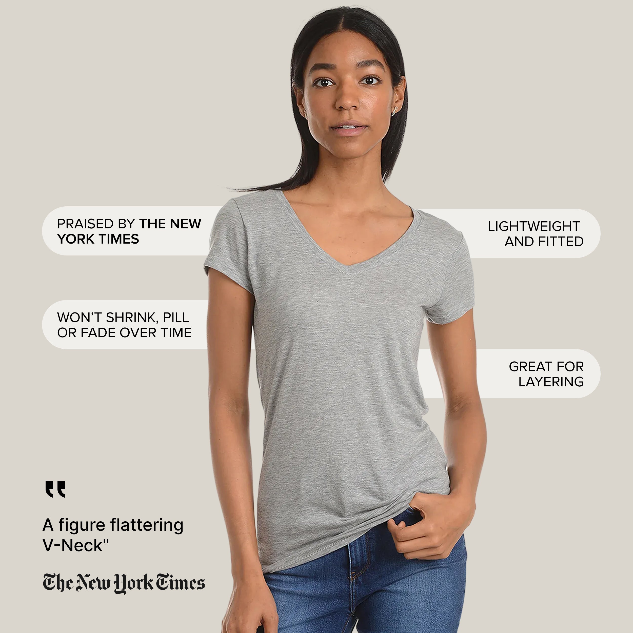 Women wearing Heather Gray Fitted V-Neck Marcy Tee