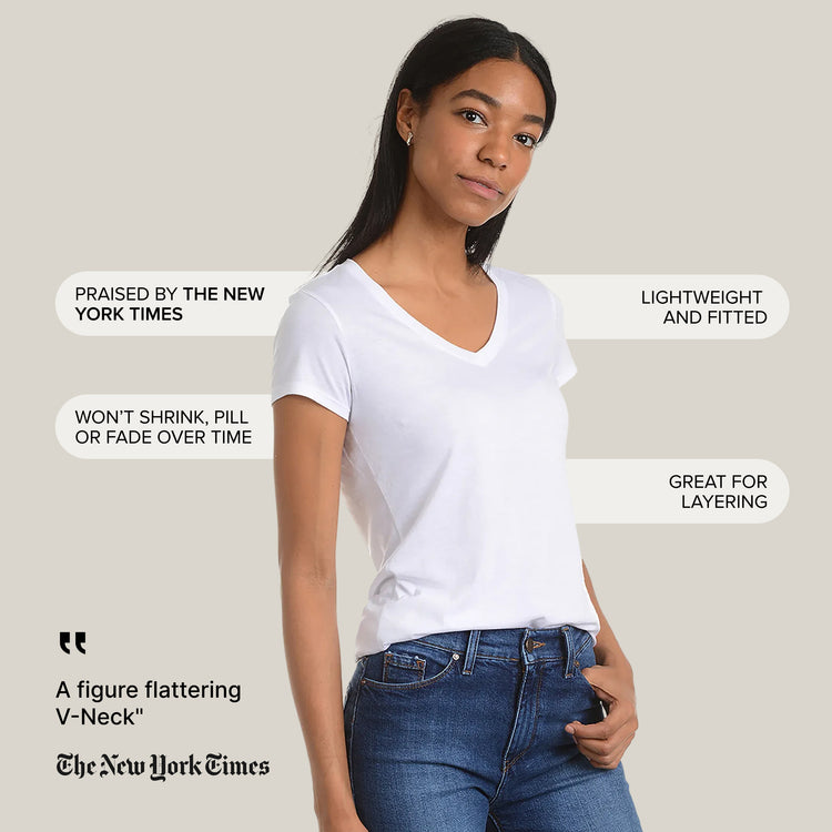 Women wearing Blanc Fitted V-Neck Marcy Tee