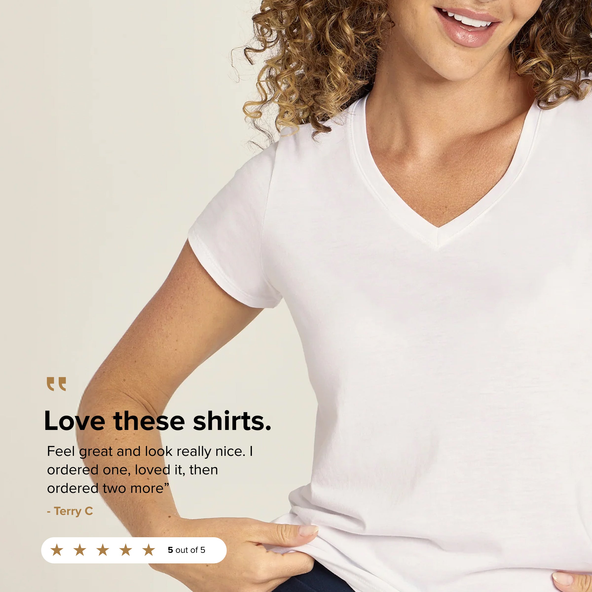 Women wearing Blanc Fitted V-Neck Marcy Tee