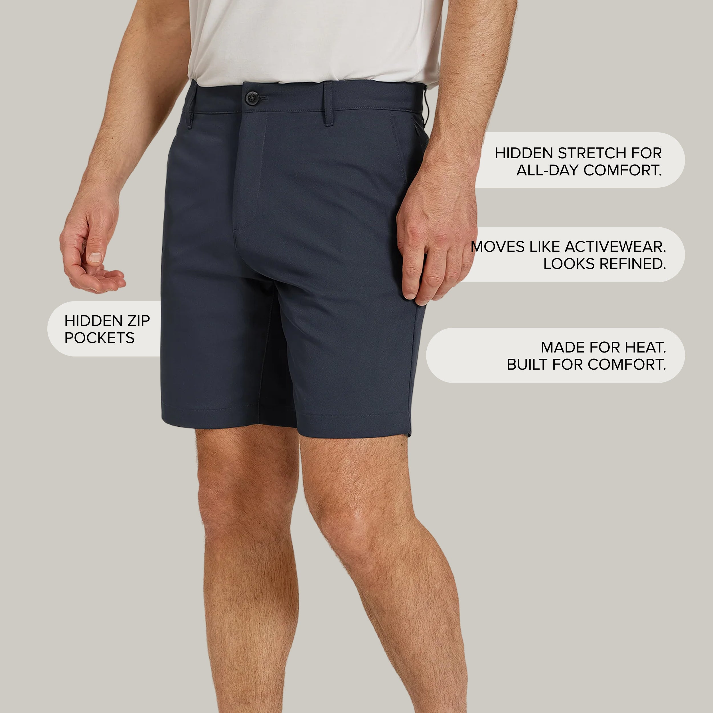 Men wearing Navy Tech Shorts