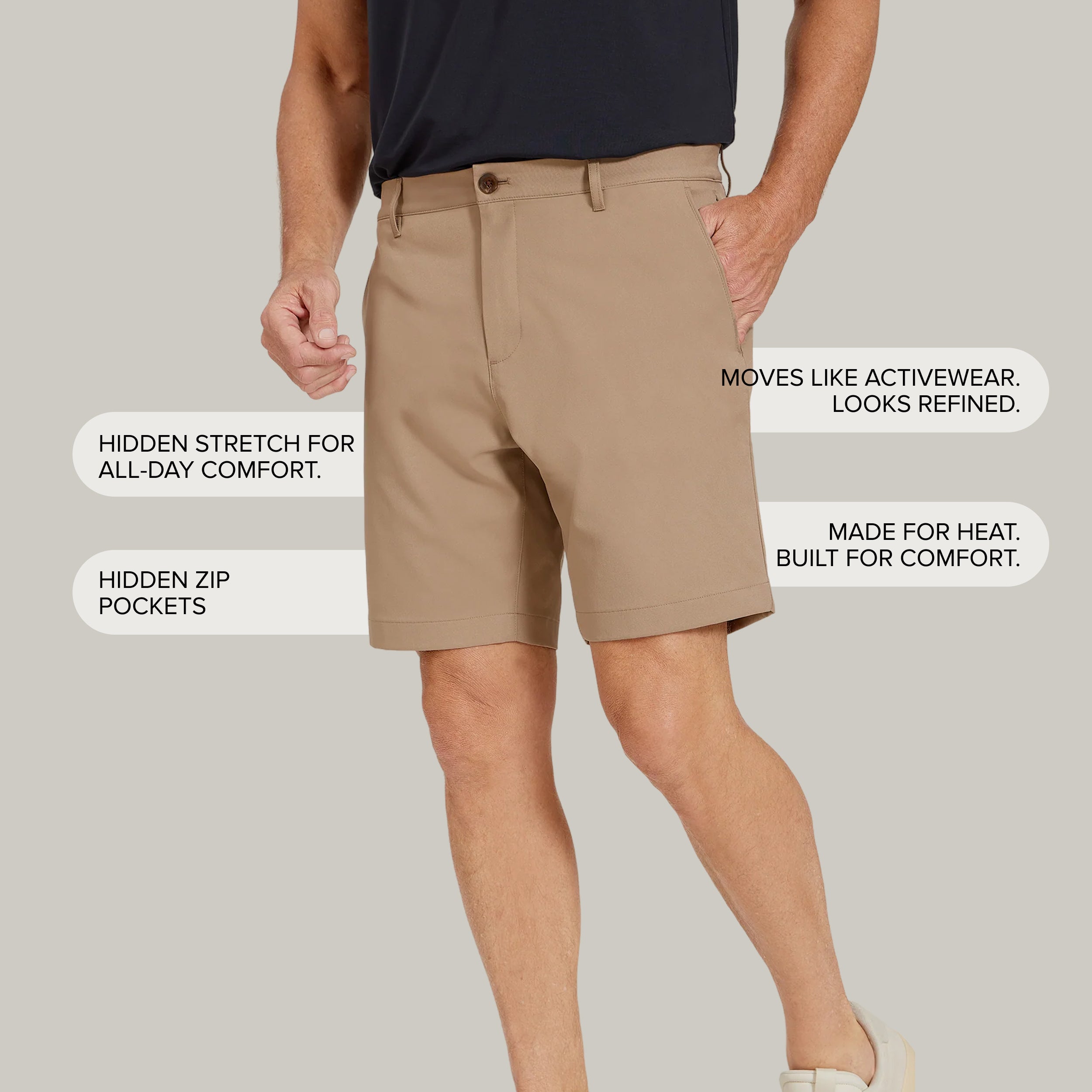 Men wearing Khaki Tech Shorts
