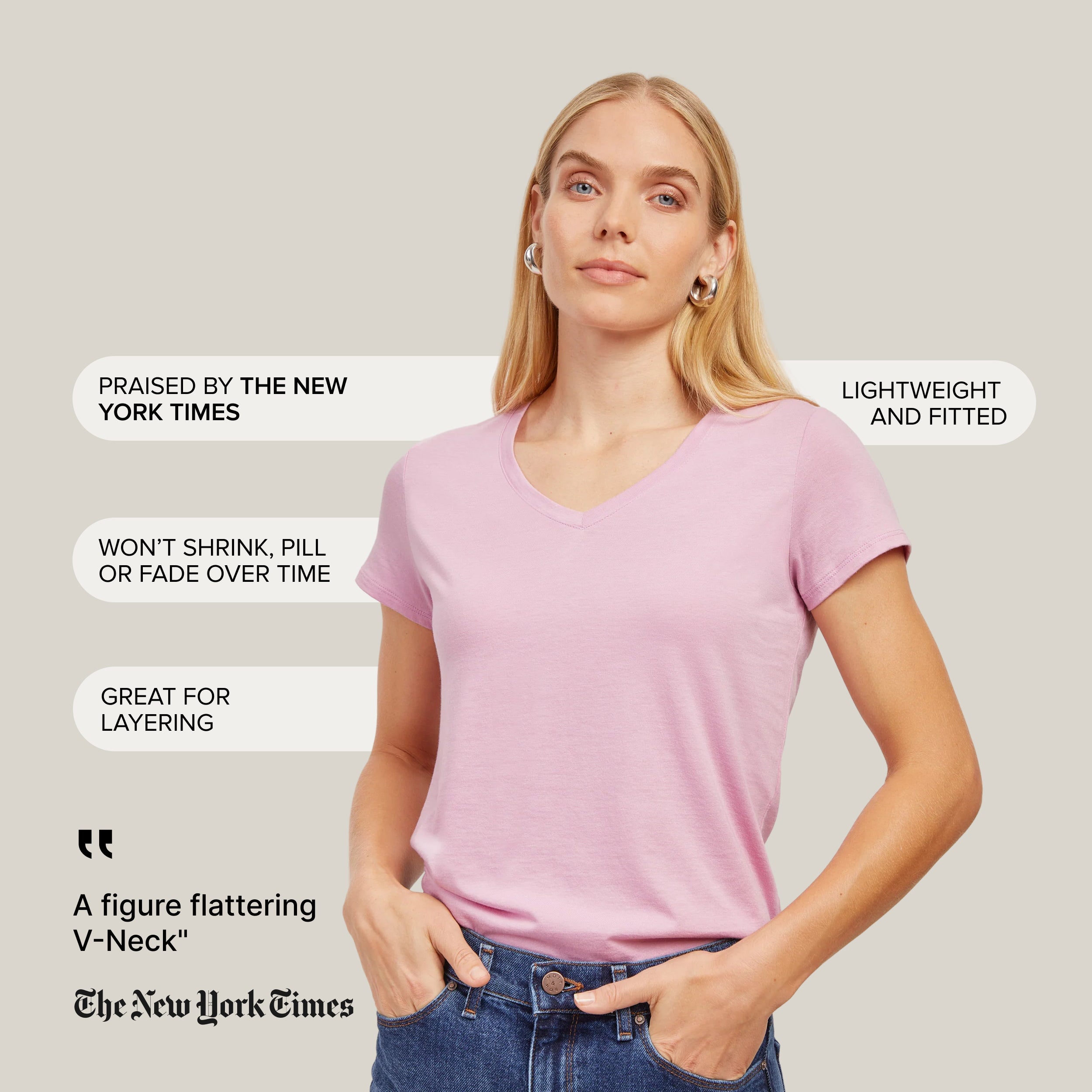 Women wearing White Fitted V-Neck Marcy tees