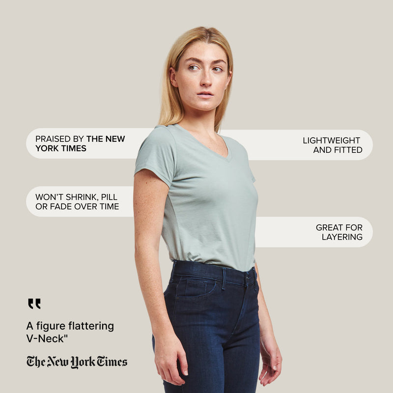 Women wearing White Fitted V-Neck Marcy tees