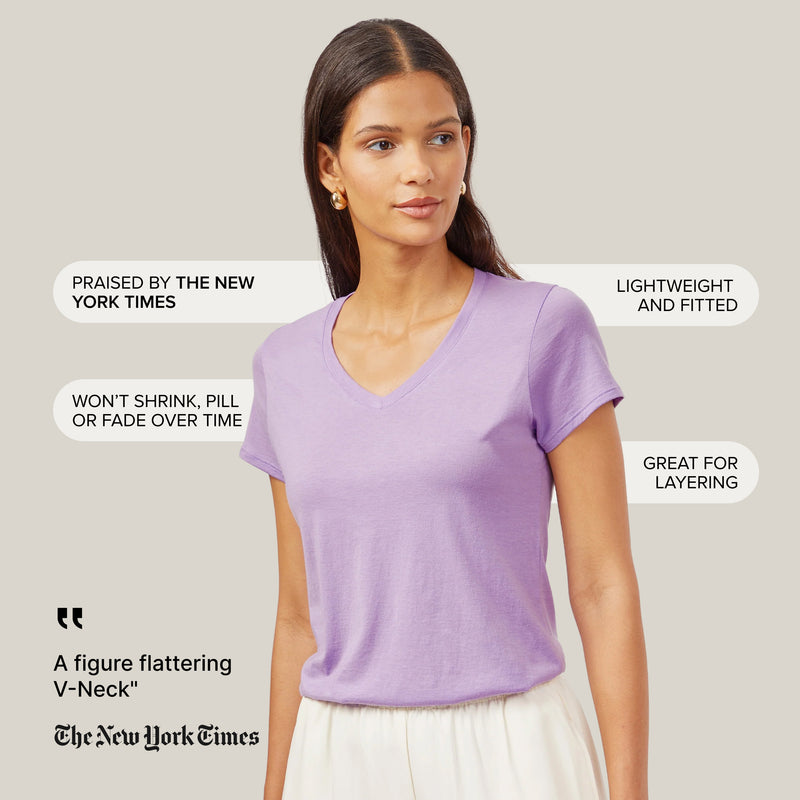 Women wearing White Fitted V-Neck Marcy tees
