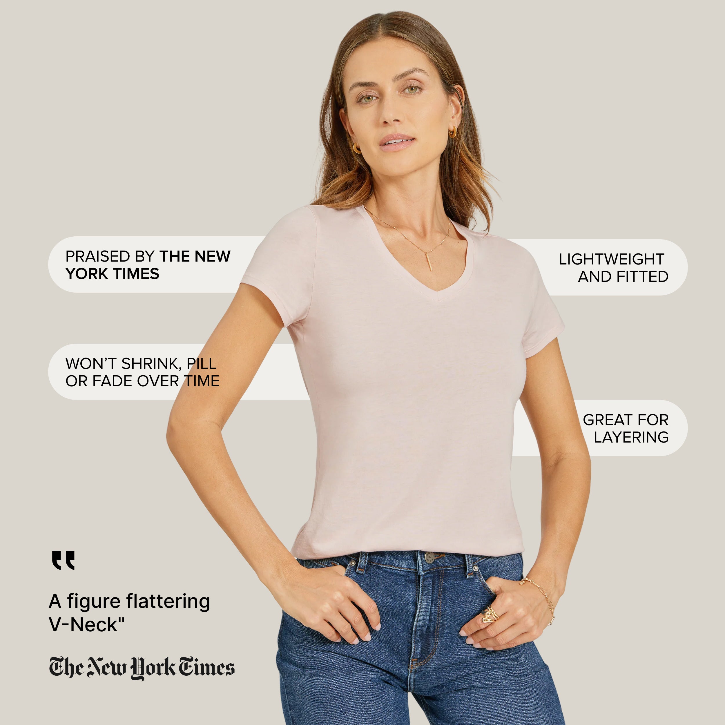 Women wearing White Fitted V-Neck Marcy tees