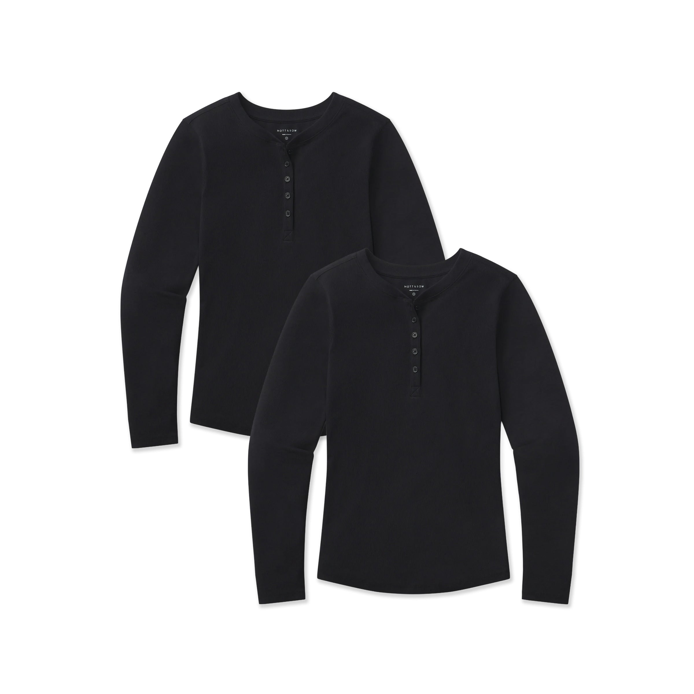 Women wearing Black Long Sleeve Rib Henley Tee 2-Pack tees