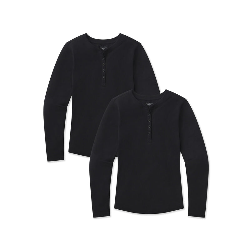 Women wearing Black Long Sleeve Rib Henley Tee 2-Pack tees