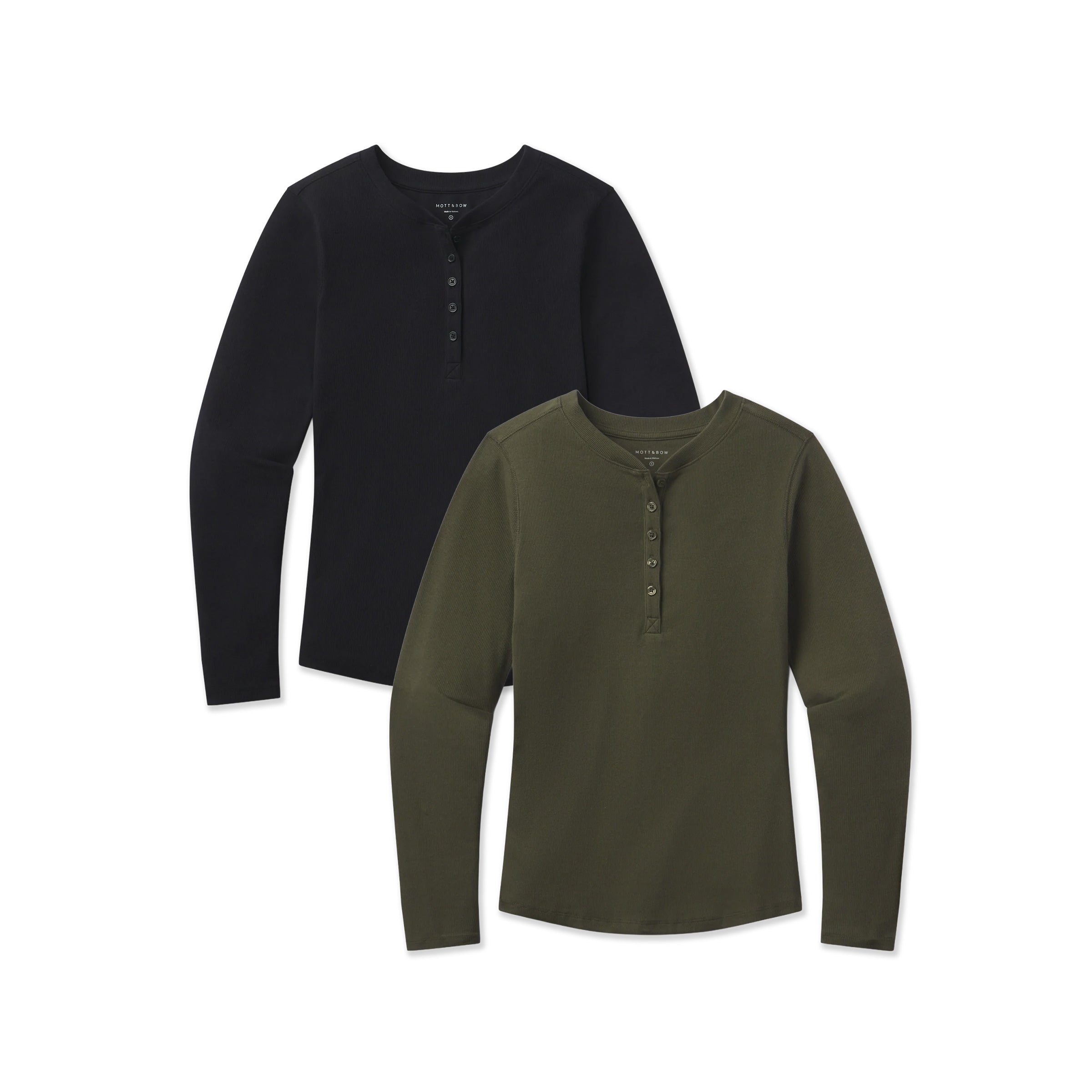 Women wearing Black/Dark Olive Long Sleeve Rib Henley Tee 2-Pack tees
