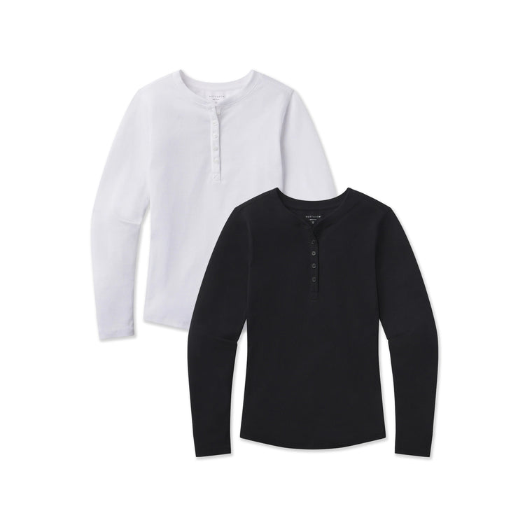 Women wearing Black/White Long Sleeve Rib Henley Tee 2-Pack