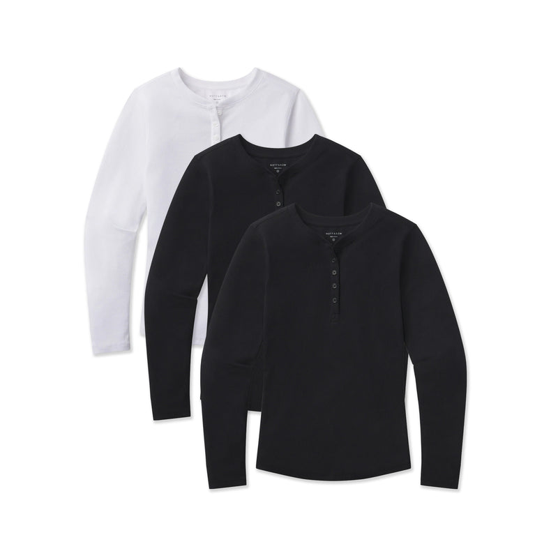 Women wearing Black/Black/White Long Sleeve Rib Henley Tee 3-Pack tees