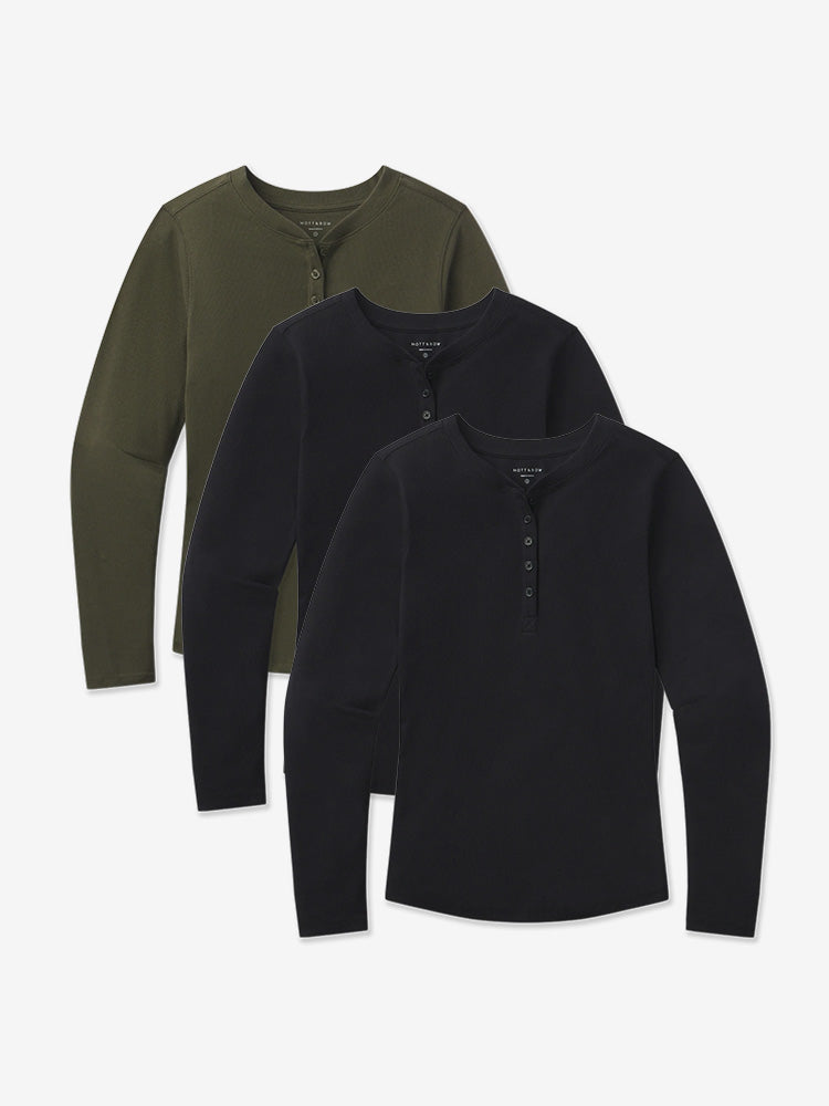 Women wearing Black/Black/Dark Olive Long Sleeve Rib Henley Tee 3-Pack