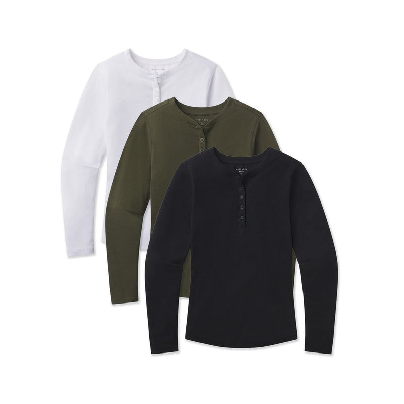 Women wearing Black/White/Dark Olive Long Sleeve Rib Henley Tee 3-Pack tees