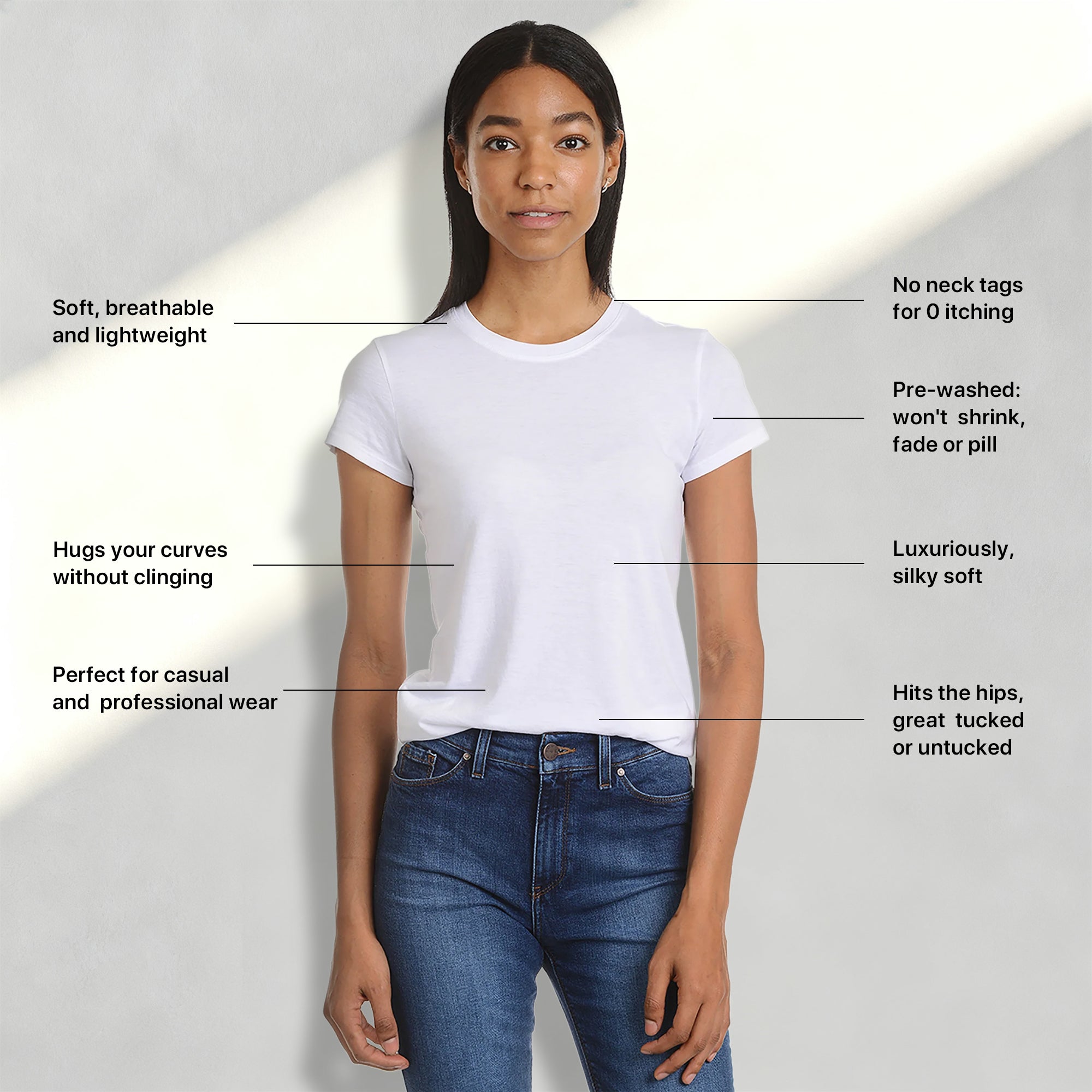 Women wearing White Mott&Bow | Fitted Crew Marcy Tee tt tees