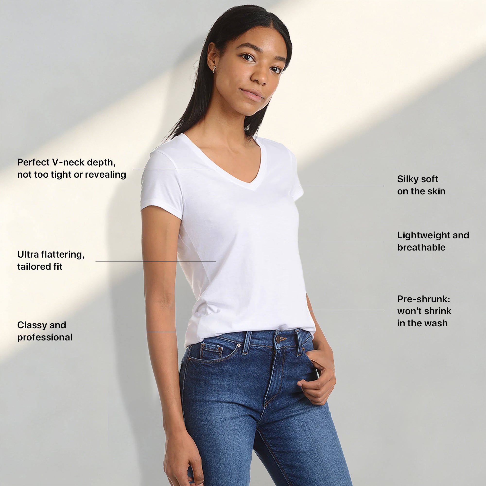 Women wearing White Mott&Bow | Fitted V-Neck Marcy Tee tt tees