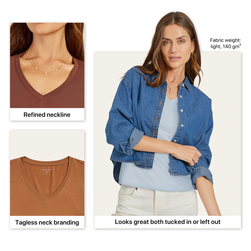 Women wearing White Mott&Bow | Fitted V-Neck Marcy Tee tt tees