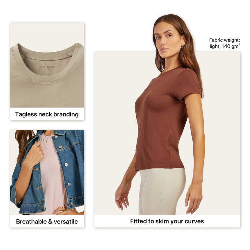 Women wearing White Mott&Bow | Fitted Crew Marcy Tee tt tees