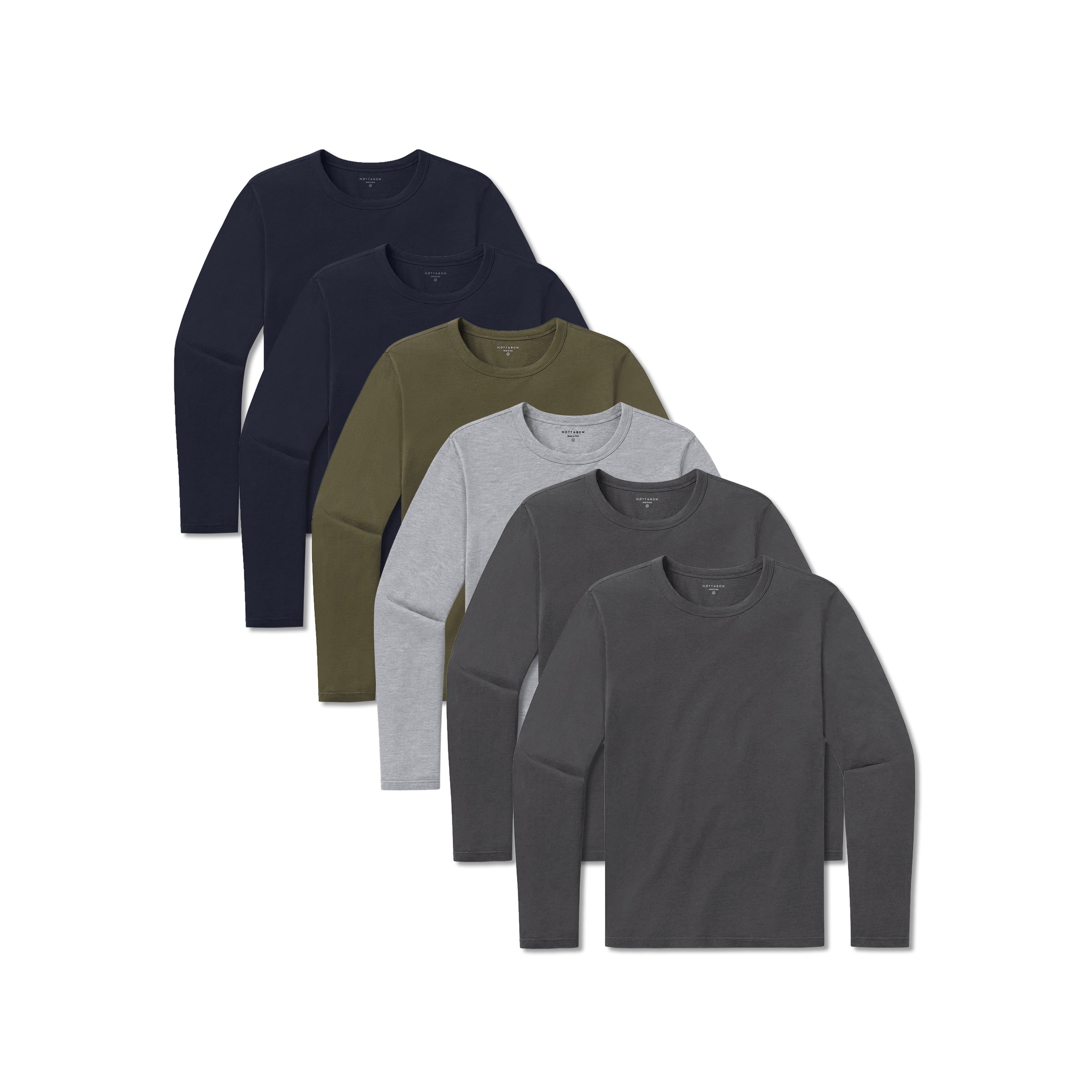 Men wearing Heather Gray/Dark Moss/Dark Gray/Dark Gray/Navy/Navy Long Sleeve Crew Tee Driggs 6-Pack tees