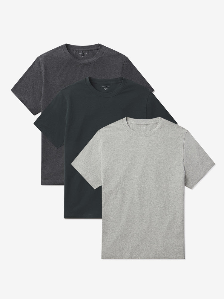 Men wearing Heather Gray/Charcoal Heather/Pine Luxe Stretch Tee 3-Pack