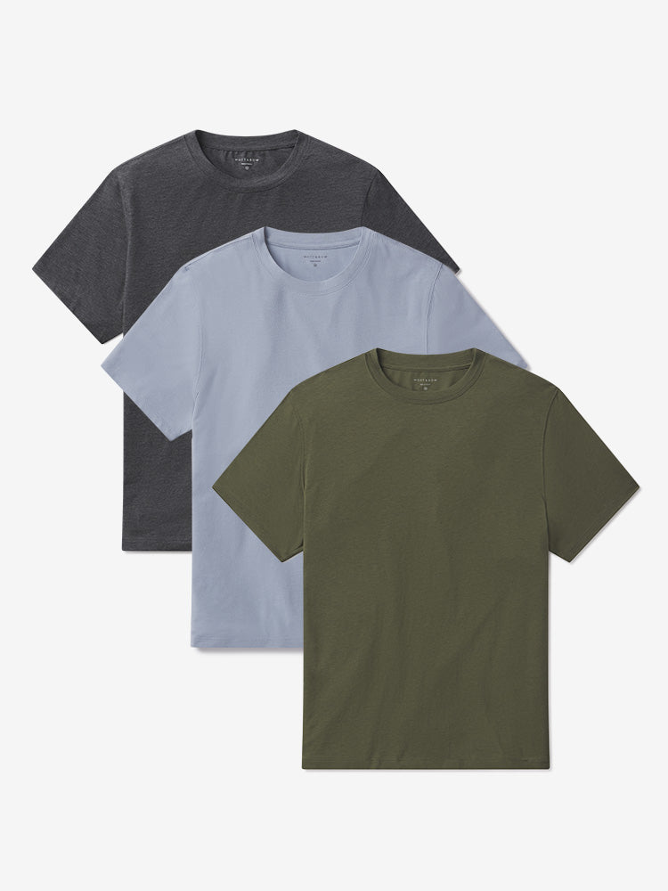 Men wearing Charcoal Heather/Dark Olive/California Blue Luxe Stretch Tee 3-Pack