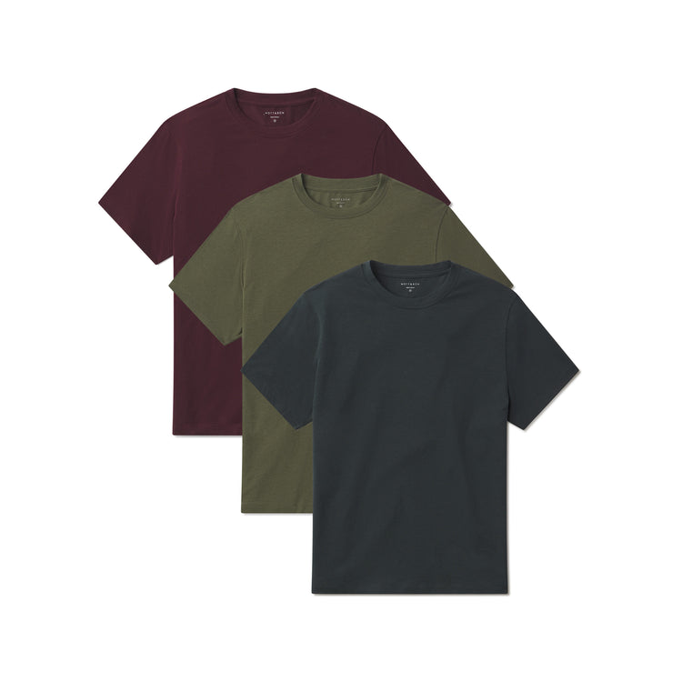Men wearing Dark Olive/Maroon/Pine Luxe Stretch Tee 3-Pack