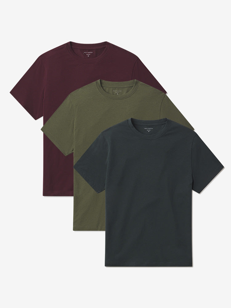 Men wearing Dark Olive/Maroon/Pine Luxe Stretch Tee 3-Pack