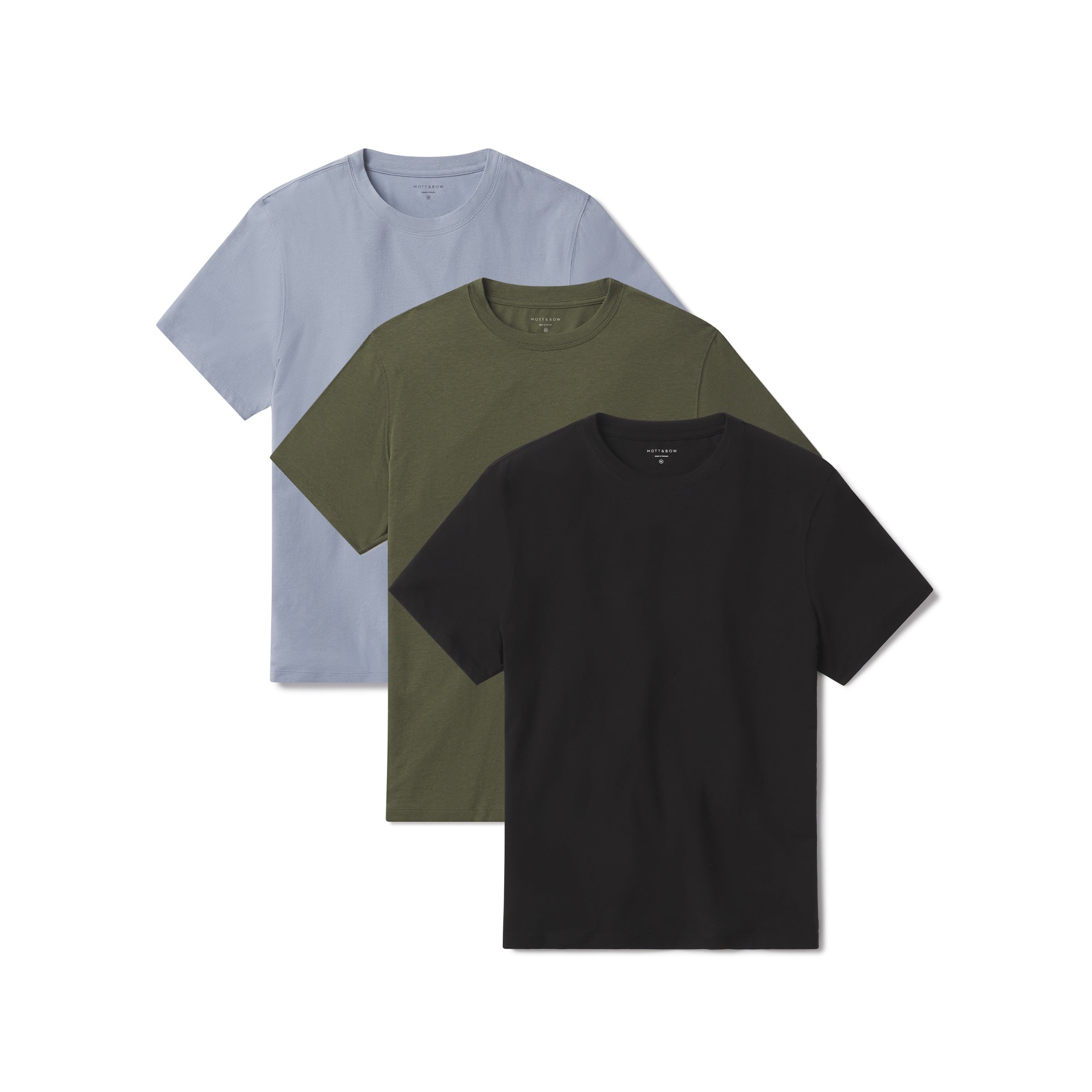 Men wearing Black/Dark Olive/California Blue Luxe Stretch Tee 3-Pack tees