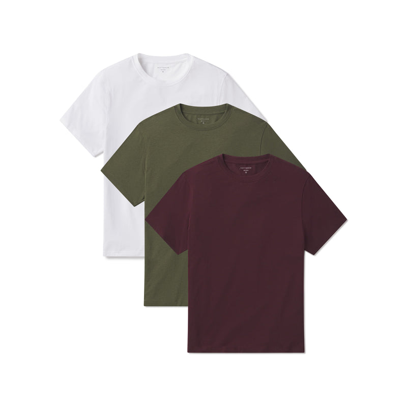 Men wearing Dark Olive/White/Maroon Luxe Stretch Tee 3-Pack tees