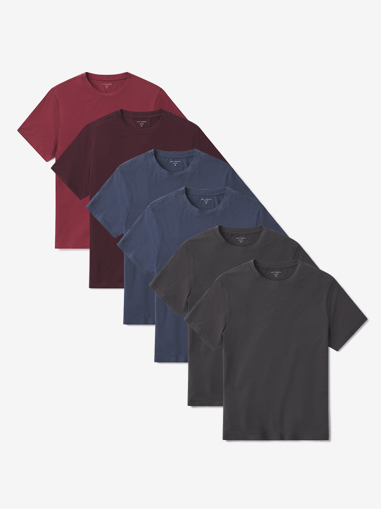 Men wearing Dark Gray/Dark Gray/Graphite Blue/Graphite Blue/Maroon/Brick Red Luxe Stretch Tee 6-Pack