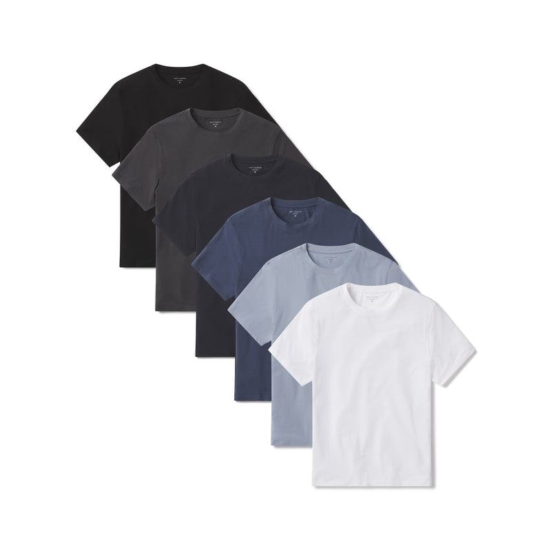 Men wearing White/Black/California Blue/Graphite Blue/Dark Gray/Navy Luxe Stretch Tee 6-Pack tees