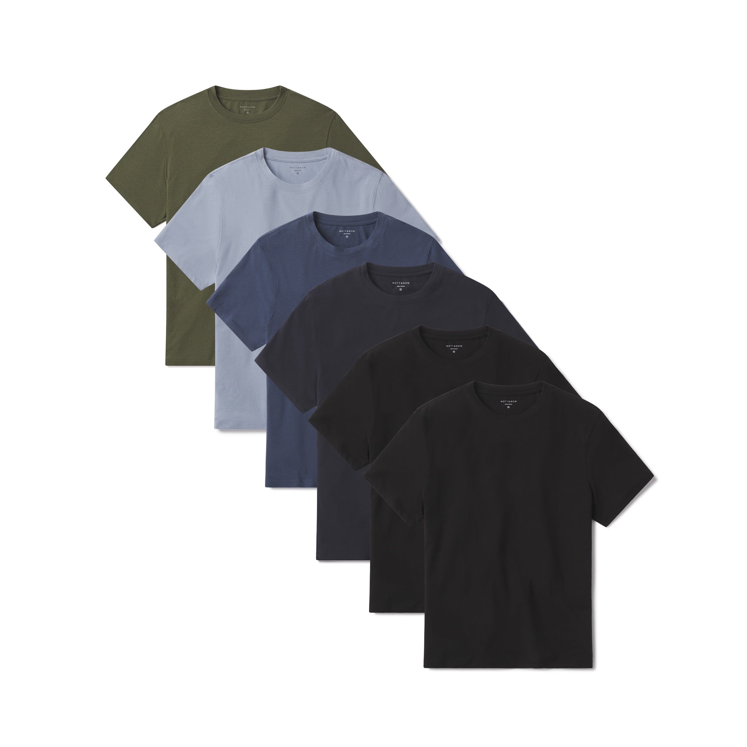 Men wearing California Blue/Graphite Blue/Navy/Dark Olive/Black/Black Luxe Stretch Tee 6-Pack tees