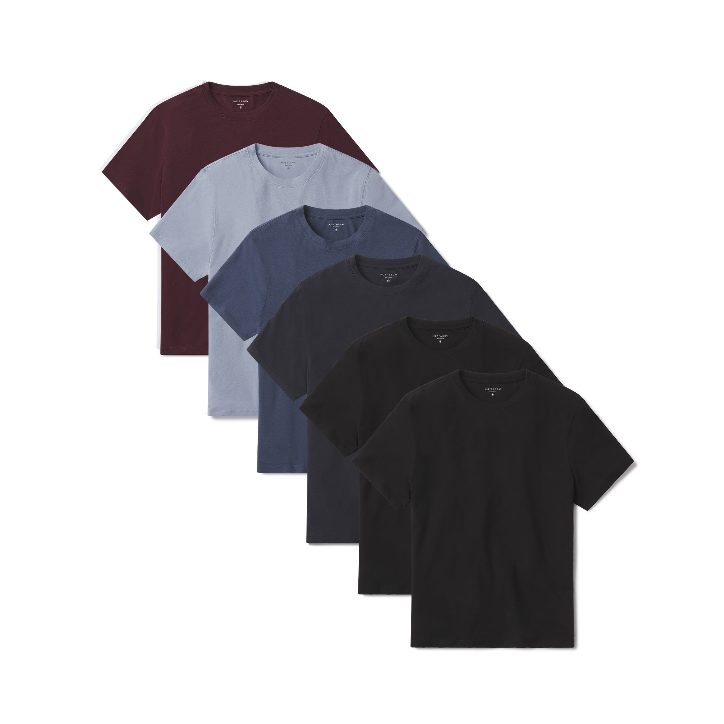 Men wearing California Blue/Graphite Blue/Navy/Maroon/Black/Black Luxe Stretch Tee 6-Pack tees
