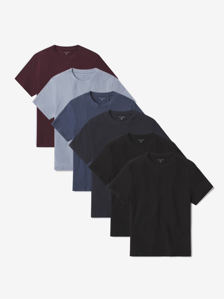 Men wearing California Blue/Graphite Blue/Navy/Maroon/Black/Black Luxe Stretch Tee 6-Pack tees