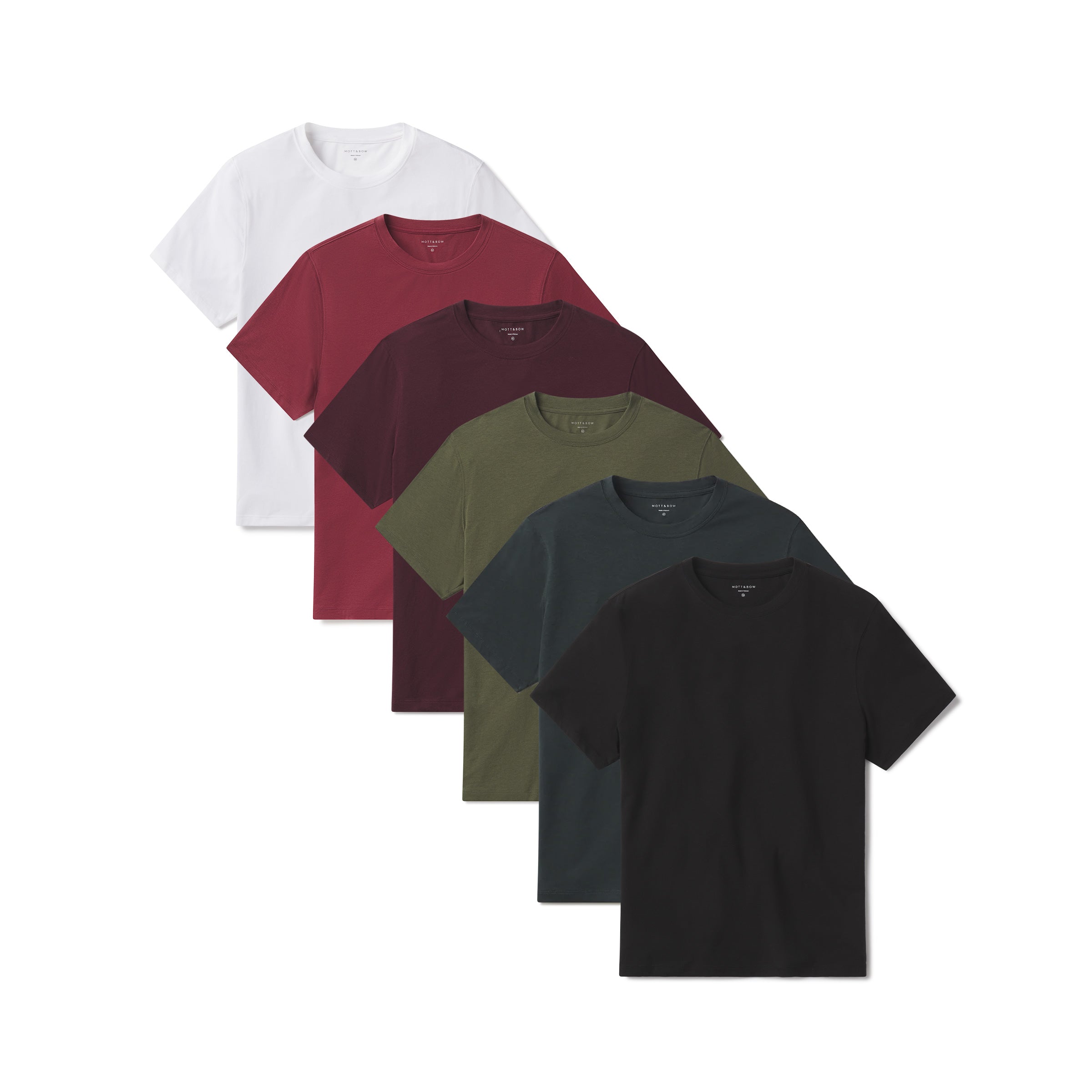 Men wearing Maroon/Dark Olive/Pine/Brick Red/White/Black Luxe Stretch Tee 6-Pack tees