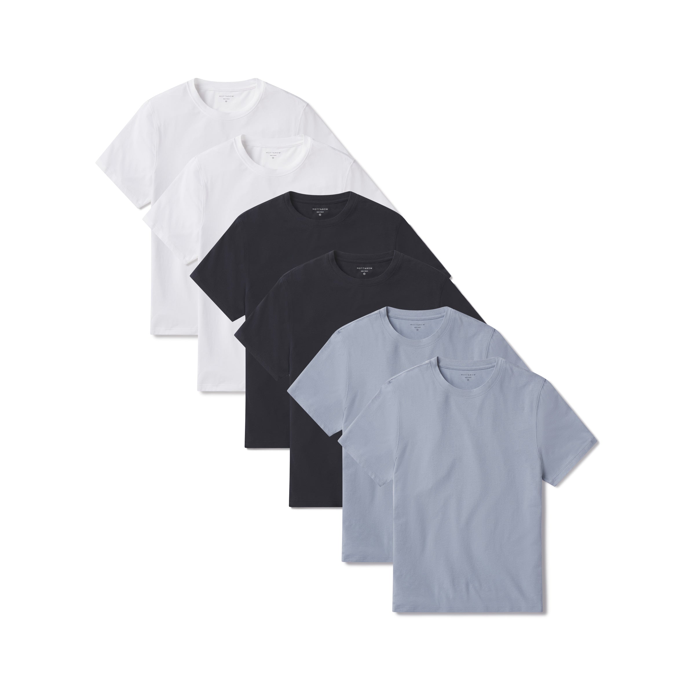 Men wearing White/California Blue/Navy Luxe Stretch Tee 6-Pack tees