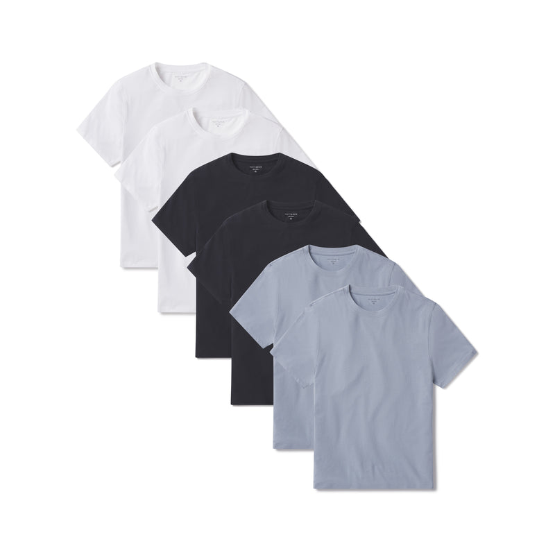 Men wearing White/California Blue/Navy Luxe Stretch Tee 6-Pack tees