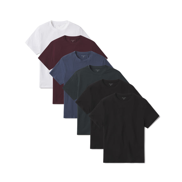 Men wearing White/Black/Black/Graphite Blue/Maroon/Pine Luxe Stretch Tee 6-Pack