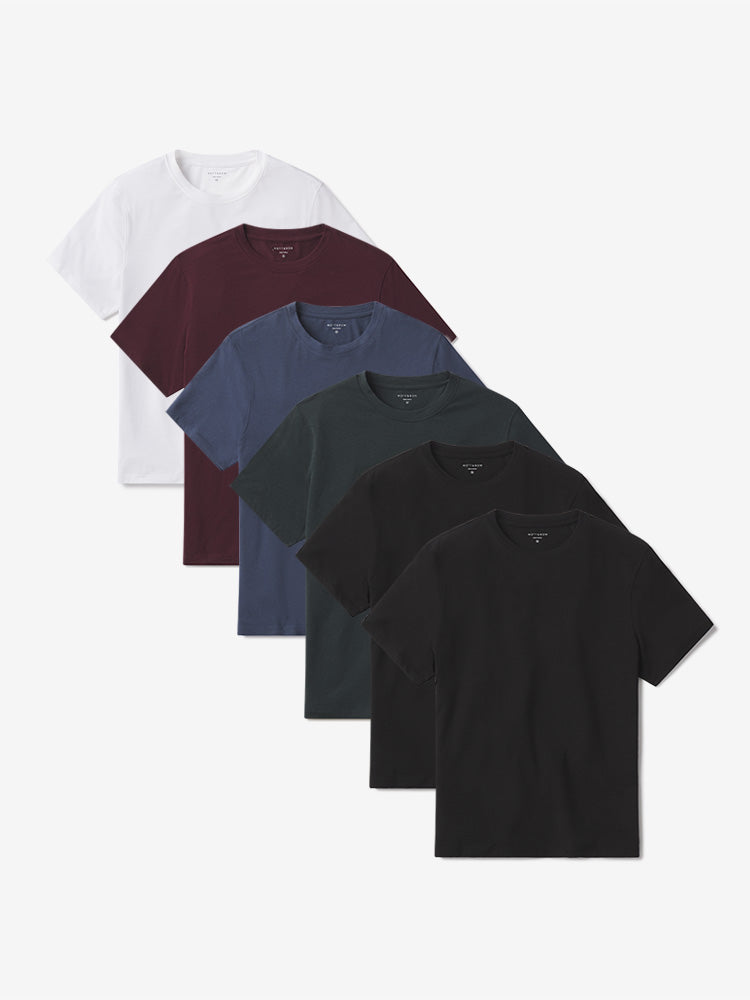 Men wearing White/Black/Black/Graphite Blue/Maroon/Pine Luxe Stretch Tee 6-Pack tees