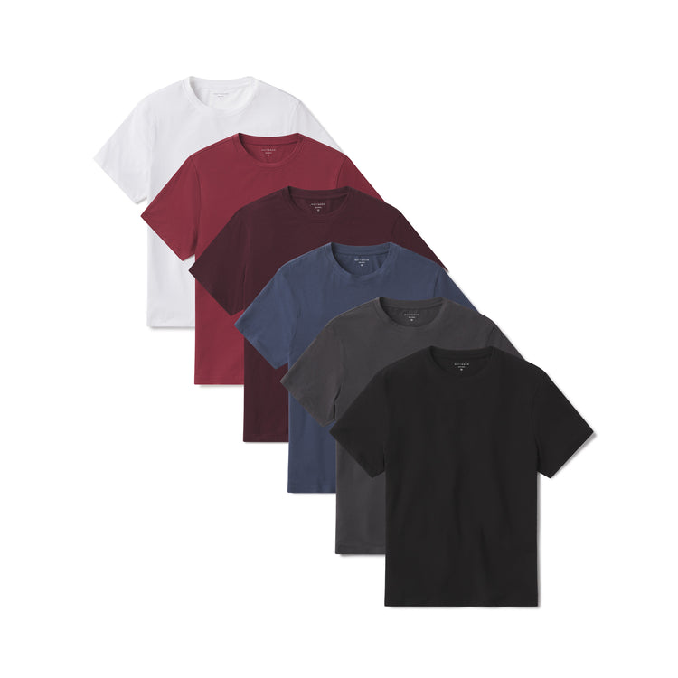 Men wearing White/Black/Graphite Blue/Brick Red/Maroon/Dark Gray Luxe Stretch Tee 6-Pack