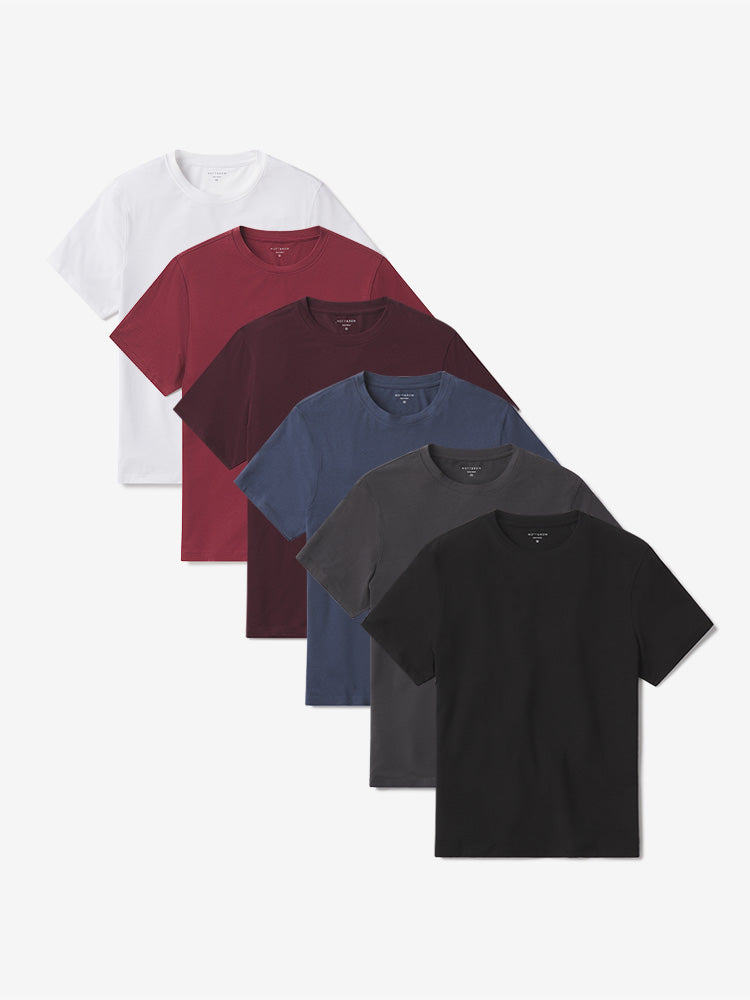 Men wearing White/Black/Graphite Blue/Brick Red/Maroon/Dark Gray Luxe Stretch Tee 6-Pack tees