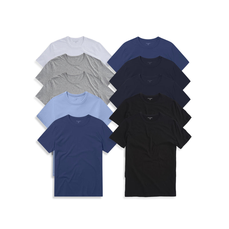 Men wearing Black/Black/White/Navy/Navy/Baltic Blue/Baltic Blue/Heather Gray/Heather Gray/California Blue Classic Crew Driggs 10-Pack tees